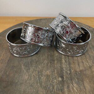Vintage Floral Etched Napkin Rings Cuffs Set Of 4 Silver Tone